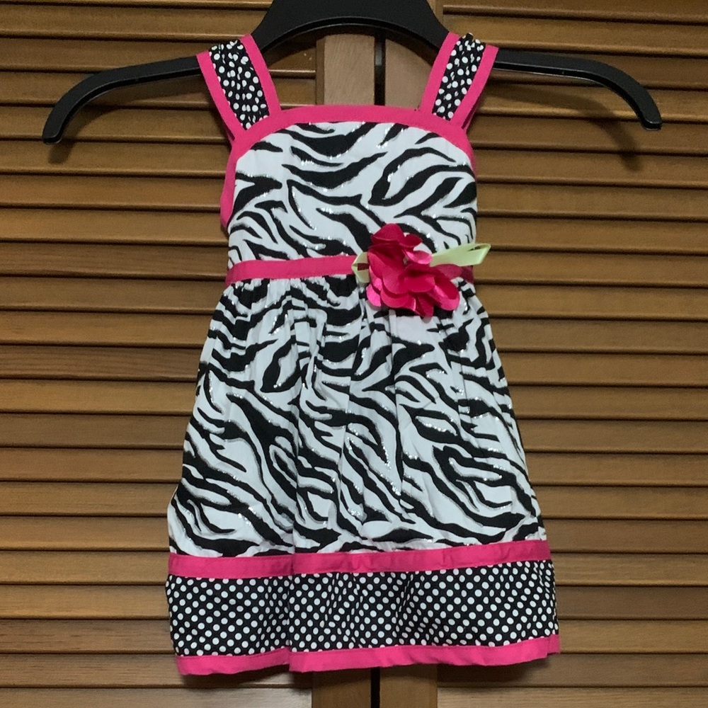 Youngland Baby Infant 24M Zebra Print Hot Pink Trim Dress Flower Decoration